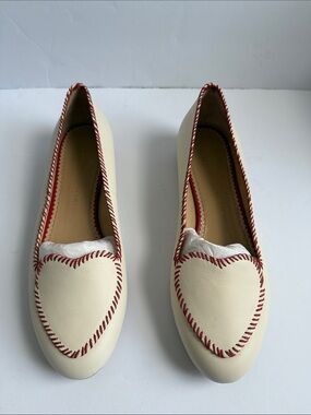 Charlotte Olympia Cream Flats with Heart Toe Box & Red Stitching and Heel.